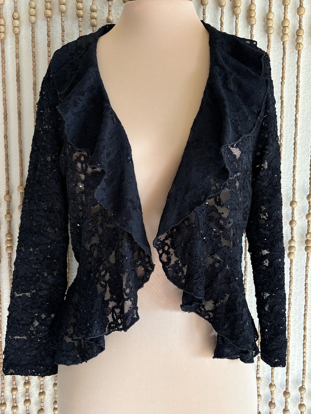 Y2K Whimsy Goth Black Sequin Floral Lace Ruffle Open Front Cover Up Cardigan L